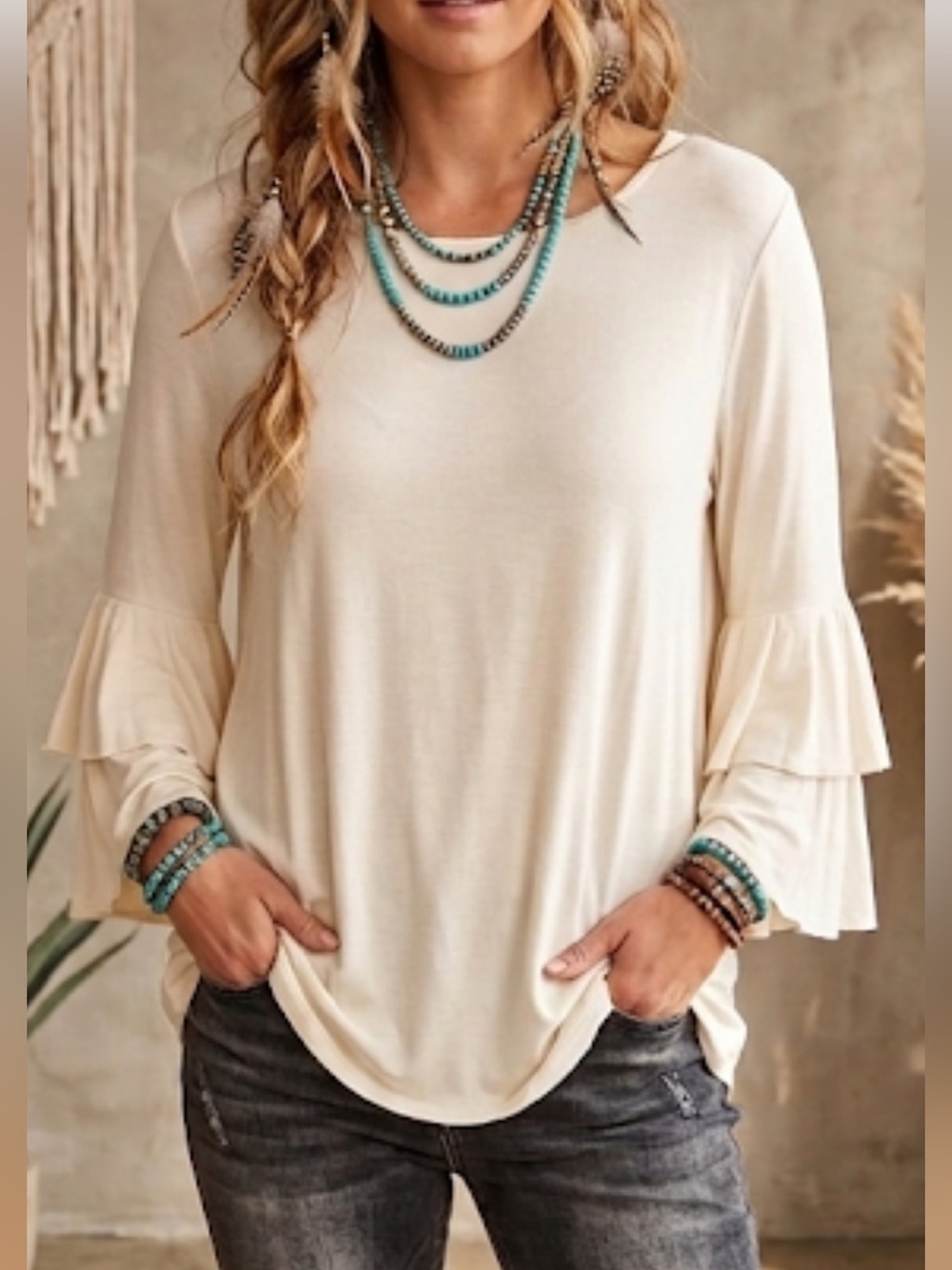 MTS Cream Bamboo Blouse Large Ruffle Sleeves UV Protection Moisture-Wicking
